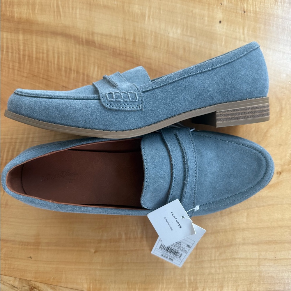 New Size 10 Universal Thread Smoke-Blue Suede Loafers-unworn. Comfy + all season